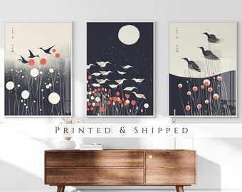 Japanese Birds Set of 3 Prints, Modern Ukiyo-e Wall Art, Living Room Art, Above Bed Decor, Birds Poster, Bird Lovers, Gallery Set