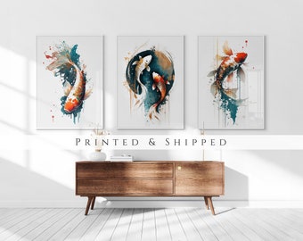 Japanese Koi Fish Set of 3 Prints, Abstract Wall Art, Living Room Art, Above Bed Decor, 3 Panel Print Set, Gallery Wall Set