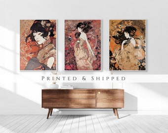 Art Nouveau Ukiyo-e Fashion Set of 3 Prints, Vintage Japan Wall Art, Living Room Art, Above Bed Decor, 3 Panel Print Set, Gallery Wall Set