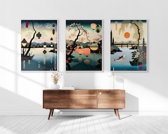 Japanese Koi Fish & Lanterns Printable Set of 3, Ukiyo-e Wall Art, Living Room Art, Above Bed Decor, Digital Print Set, Gallery Wall Set
