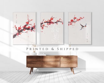 Japanese Sakura Cherry Blossom & Swallow Set of 3 Prints, Ukiyo-e Wall Art, Anime Set, Above Bed Decor, 3 Panel Print Set, Gallery Wall Set