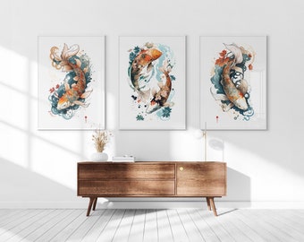 Japanese Koi Fish Bright Printable Set of 3, Ukiyo-e Wall Art, Living Room Art, Above Bed Decor, Digital Print Set, Gallery Wall Set