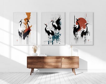 Japanese Cranes Printable Set of 3, Modern Ukiyo-e Wall Art, Living Room Art, Above Bed Decor, Birds Print, Gallery Wall Set