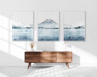 Mount Fuji Printable Set of 3, Japanese Watercolor, Neutral Wall Art, Living Room Art, Above Bed Decor, Digital Print Set, Minimalist Set