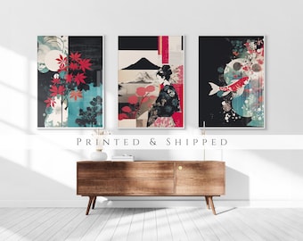 Japanese Koi Fish Mount Fuji Collage Set of 3 Prints, Abstract Wall Art, Living Room Art, Above Bed Decor, 3 Panel Print Set, Gallery Set