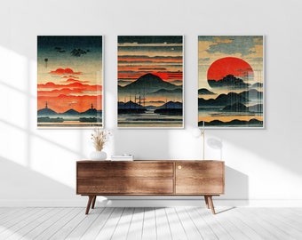 Japanese Ukiyo-e Mountains Sunset Printable Set of 3, Ukiyo-e Wall Art, Room Art, Above Bed Decor, Digital Print Set, Gallery Wall Set