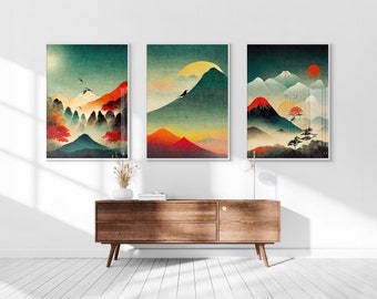 Japanese Abstract Mountains Printable Set of 3, Modern Ukiyo-e Wall Art, Living Room Art, Above Bed Decor, Digital Print Set, Gallery Set