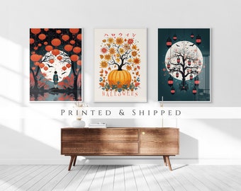 Halloween in Japan Set of 3 Prints, Ukiyo-e Wall Art, Pumpkin Lantern Bat Poster Set, Halloween Decor, Japanese Print Set, Spooky Season