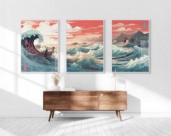The Great Wave off Kanagawa Reimagined, Printable Set of 3, Modern Ukiyo-e Wall Art, Living Room Decor, Japanese Posters, Triptych Wall Set