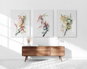 Japanese Watercolor Blossom Wall Art, Printable Set of 3, Ukiyo-e Wall Art, Living Room Art, Above Bed Decor, Digital Print Set, Gallery Set