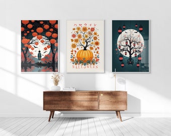 Halloween in Japan Printable Set of 3, Ukiyo-e Wall Art, Pumpkin Lantern Bat Poster Set, Halloween Decor, Japanese Print Set, Spooky Season