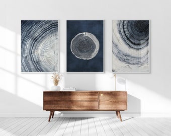 Boho Tree Rings Printable Set of 3, Neutral Wall Art, Abstract Minimalist Modern Art, Navy Blue Print Set, Nordic Japandi Stump Prints