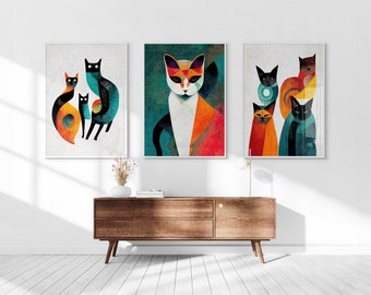 Japanese Boho Cats Printable Set of 3, Surreal Wall Art, Mid Century Art, Above Bed Decor, Digital Print Set, Living Room Art, Gallery Set