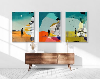 Abstract Collage Printable Set of 3, Surreal Wall Art, Modern Living Room Art, Above Bed Decor, Digital Print Set, Gallery Wall Set