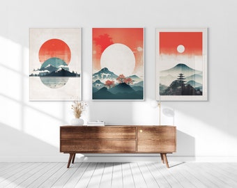 Japanisch Berge Sonnenuntergang Kunstdruck Set: Modernes Wandbild (Digitaler Download)