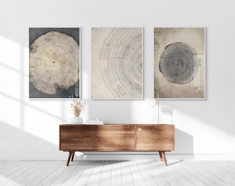 Boho Tree Rings Printable Set of 3, Neutral Wall Art, Abstract Minimalist Modern Art, Black and Beige Print Set, Nordic Japandi Stump Prints