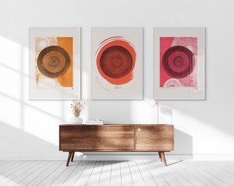 Abstract Tree Rings Printable Set of 3, Scandi Wall Art, Minimalist Modern Art, Orange, Red, Pink, Nordic Japandi Stump Prints