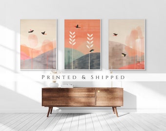 Japandi Birds Set of 3 Prints, Abstract Wall Art, Warm Posters, Bird Prints, Living Room Art, Above Bed Decor, 3 Panel Set, Gallery Art