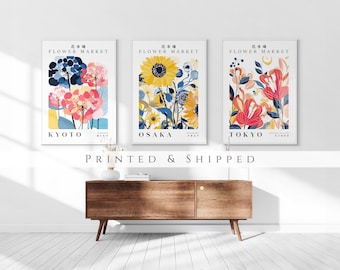 Japanese Flower Market Set of 3 Prints, Hydrangea Sunflower Honeysuckle Print Set, Living Room Art, Above Bed Decor, Japan City Poster Set