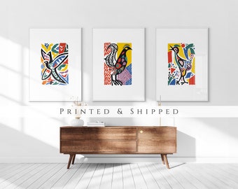 Mid Century Birds Set of 3 Prints, Abstract Boho Wall Art, Living Room Art, Bird Poster Set, Above Bed Decor, Triptych Set, Gallery Set