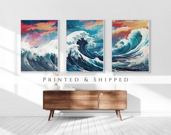 The Great Wave off Kanagawa Reimagined Set of 3 Prints, Modern Ukiyo-e Wall Art, Living Room Art, Above Bed Decor, Triptych Set, Gallery Set