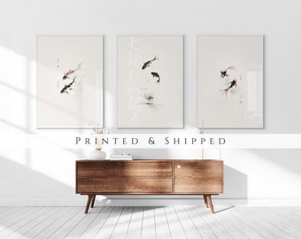 Japanese Koi Fish Sumi-e Set of 3 Prints, Abstract Wall Art, Living Room Art, Above Bed Decor, 3 Panel Print Set, Gallery Wall Set