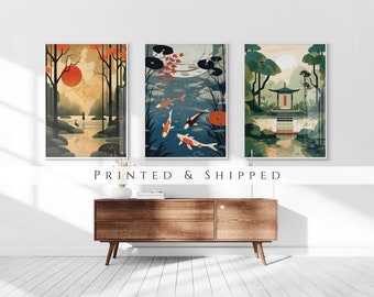 Japanese Koi Fish Zen Garden Set of 3 Prints, Abstract Wall Art, Living Room Art, Above Bed Decor, 3 Panel Print Set, Gallery Wall Set