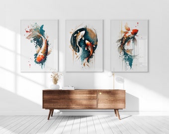 Japanese Koi Fish Printable Set of 3, Abstract Wall Art, Living Room Art, Above Bed Decor, Digital Print Set, Gallery Wall Set