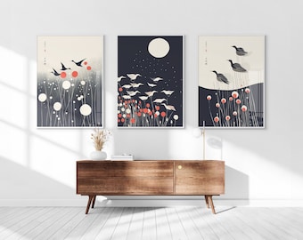 Japanese Birds Printable Set of 3, Modern Ukiyo-e Wall Art, Living Room Art, Above Bed Decor, Birds Print, Bird Posters, Gallery Wall Set