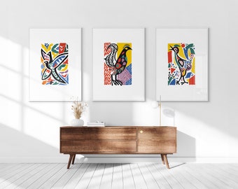 Abstract Birds Printable Set of 3, Modern Boho Wall Art, Mid Century, Living Room Art, Above Bed Decor, Digital Print Set, Gallery Wall Set
