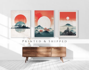 Japanese Mountains Sunset Set of 3 Prints, Modern Japan Wall Art, Living Room Art, Above Bed Decor, 3 Panel Print Set, Gallery Wall Set