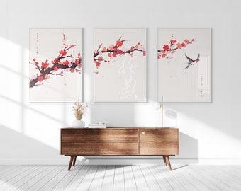 Japanese Sakura Cherry Blossom & Swallow, Printable Set of 3, Modern Ukiyo-e Wall Art, Japan Decor, Anime Manga Set, Triptych Posters