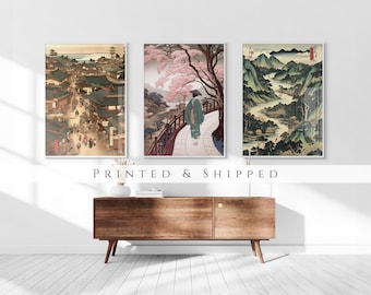 Japanese Vintage Ukiyo-e Art Set of 3 Prints, Traditional Woodblock Wall Art, Living Room Bed Decor, 3 Panel Print Set, Gallery Wall Set