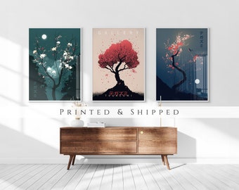 Japanese Blossom Poster Set of 3 Prints, Modern Ukiyo-e Wall Art, Living Room Art, Above Bed Decor, 3 Panel Print Set, Gallery Wall Set