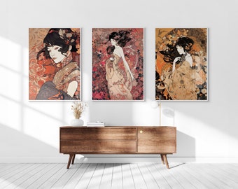 Art Nouveau Ukiyo-e Fashion Printable Set of 3, Vintage Japan Wall Art, Living Room Art, Above Bed Decor, Digital Print Set, Gallery Set