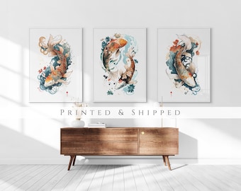 Japanese Koi Fish Set of 3 Prints, Abstract Wall Art, Living Room Art, Above Bed Decor, 3 Panel Print Set, Gallery Wall Set