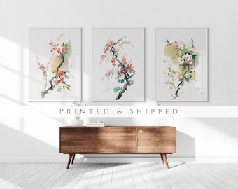 Japanese Watercolour Blossom Set of 3 Prints, Floral Wall Art, Living Room Art, Above Bed Decor, 3 Panel Print Set, Modern Gallery Wall Set