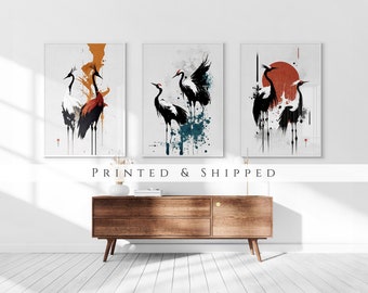 Japanese Cranes Set of 3 Prints, Modern Ukiyo-e Wall Art, Living Room Art, Above Bed Decor, 3 Panel Print Set, Gallery Wall Set