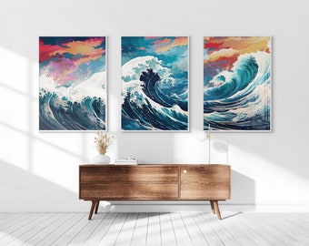 The Great Wave off Kanagawa Reimagined Print Set, Modern Japanese Wall Art (Digital Download)
