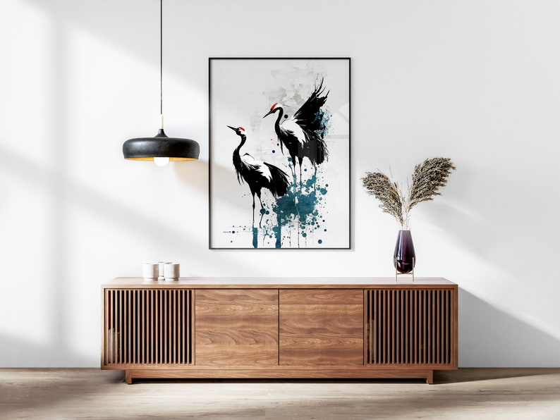 Japanese Cranes Set of 3 Prints, Modern Ukiyo-e Wall Art, Living Room Art, Above Bed Decor, 3 Panel Print Set, Gallery Wall Set image 4