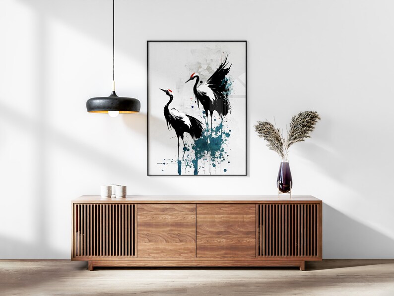 Japanese Cranes Printable Set of 3, Modern Ukiyo-e Wall Art, Living Room Art, Above Bed Decor, Birds Print, Gallery Wall Set image 5