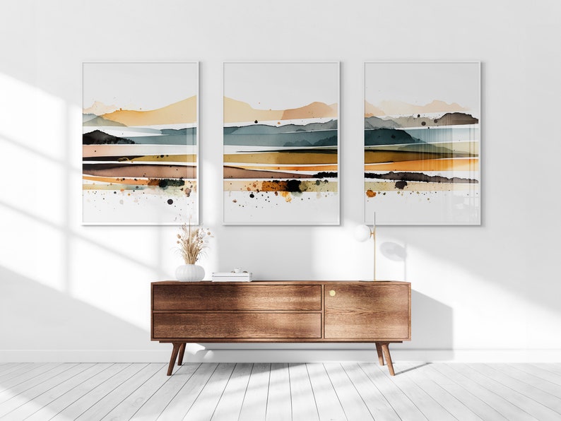 Modern Landscape Watercolour Printable Set of 3, Neutral Japandi Wall Art, Living Room Art, Above Bed Decor, Digital Print Set, Abstract Set image 2