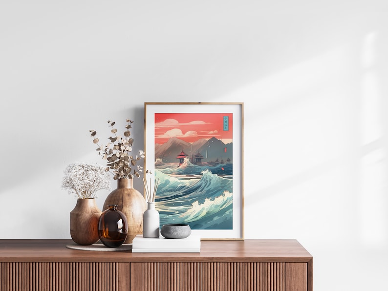 The Great Wave off Kanagawa Reimagined Set of 3 Prints, Modern Ukiyo-e Wall Art, Living Room Art, Above Bed Decor, Triptych Set, Gallery Set image 8