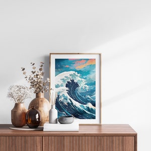 The Great Wave off Kanagawa Reimagined, Printable Set of 3, Modern Ukiyo-e Wall Art, Living Room Decor, Japanese Posters, Triptych Wall Set image 7