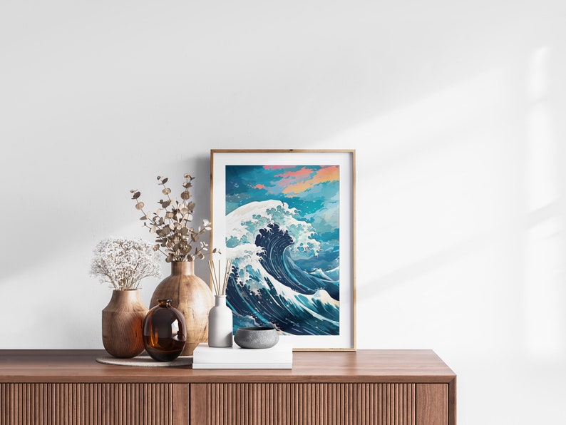 The Great Wave off Kanagawa Reimagined, Printable Set of 3, Modern Ukiyo-e Wall Art, Living Room Decor, Japanese Posters, Triptych Wall Set image 7