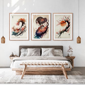 Japanese Wave & Blossom Set of 3 Prints, Ukiyo-e Wall Art, Living Room Art, Above Bed Decor, 3 Panel Print Set, Gallery Wall Set image 2