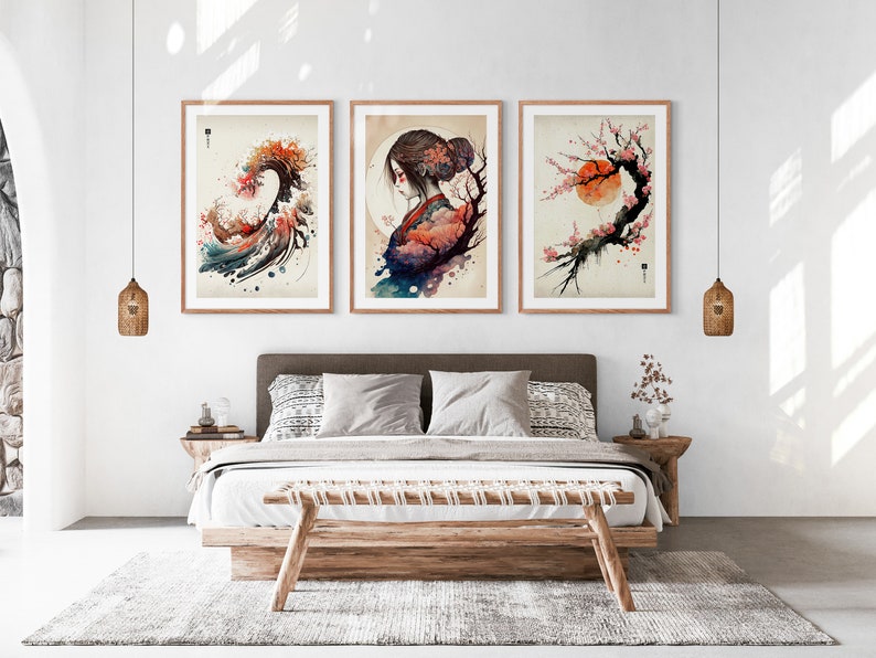 Japanese Wave & Blossom Set of 3 Prints, Ukiyo-e Wall Art, Living Room Art, Above Bed Decor, 3 Panel Print Set, Gallery Wall Set image 2