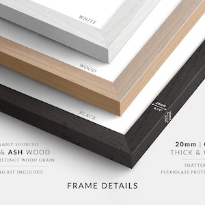 May include: Close-up of three picture frame samples in white, wood, and black. The frames are made of oak and ash wood, 0.79 inches thick, and include a hanging kit. The image also includes the text "Frame Details".
