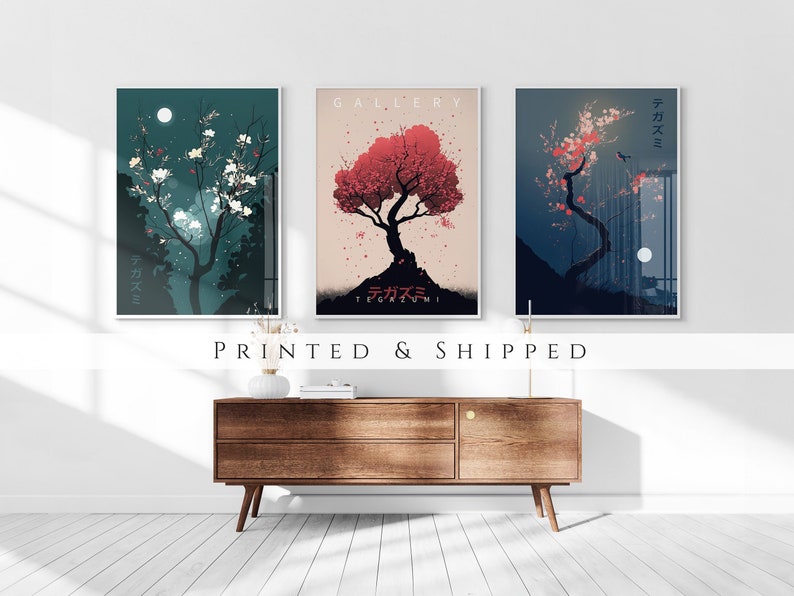 Japanese Blossom Poster Set of 3 Prints, Modern Ukiyo-e Wall Art, Living Room Art, Above Bed Decor, 3 Panel Print Set, Gallery Wall Set image 1