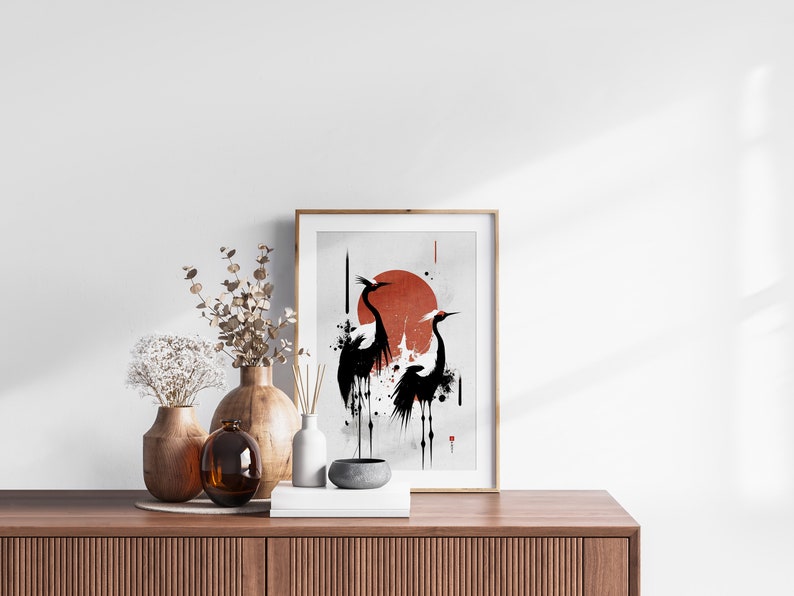 Japanese Cranes Set of 3 Prints, Modern Ukiyo-e Wall Art, Living Room Art, Above Bed Decor, 3 Panel Print Set, Gallery Wall Set image 8